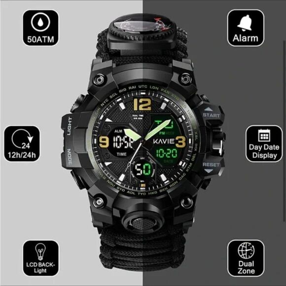 New 23-in-1 Survival Military Digital Watch, Mens Tactical Multi-Functional - Picture 4 of 6